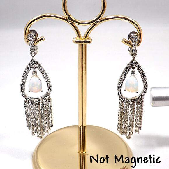 Vintage Monet Faux Opal Dangle Earrings Clear Rhinestones on Silver Tone - Picture 6 of 9